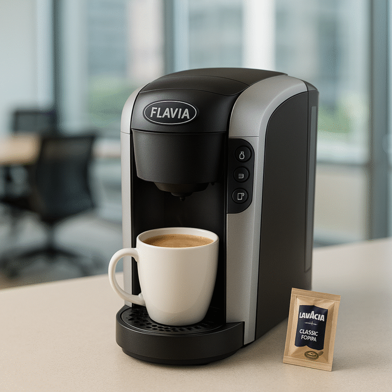 Flavia single-serve coffee machine on a modern office countertop, brewing a fresh cup of coffee with a Lavazza Classic Freshpack pouch nearby