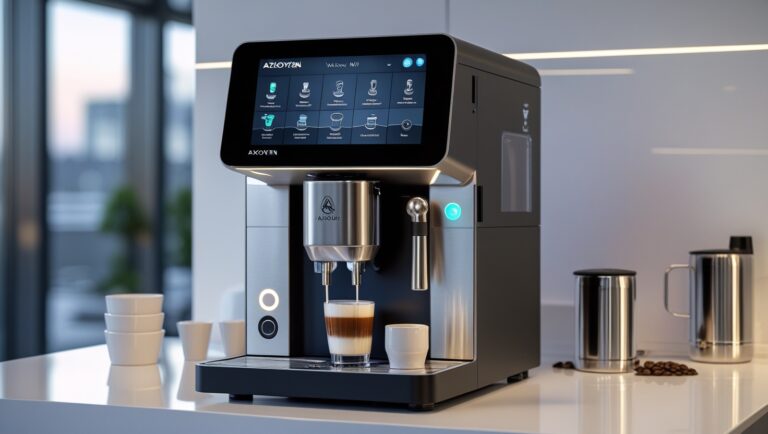 compact Azkoyen Vitro X1 MIA countertop coffee machine. It has a contemporary matte-black finish with brushed-metal accents